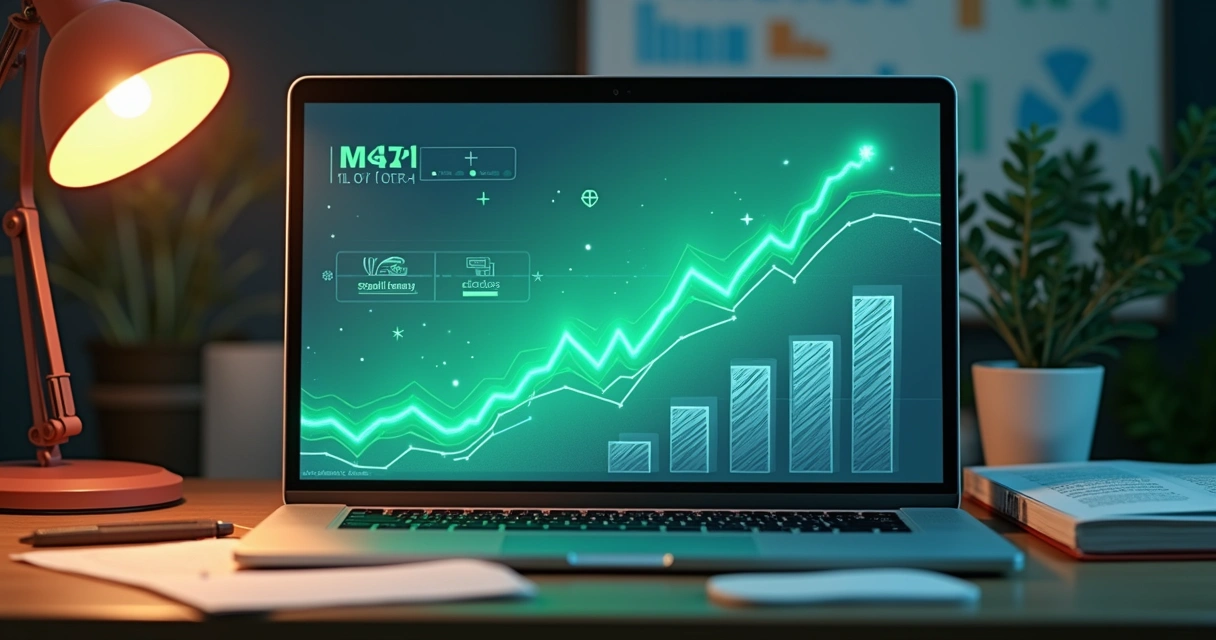 Cenário de análise de dados com gráfico em um laptop, relatórios e lousa de anotações sobre inteligência artificial.