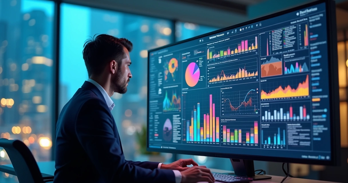 Gráficos de dados em tela, consultor analisando insights estratégicos de IA 