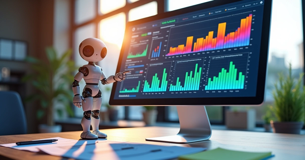 Tela de computador mostrando gráficos de dados coloridos ao lado de uma figura humanóide digital. 