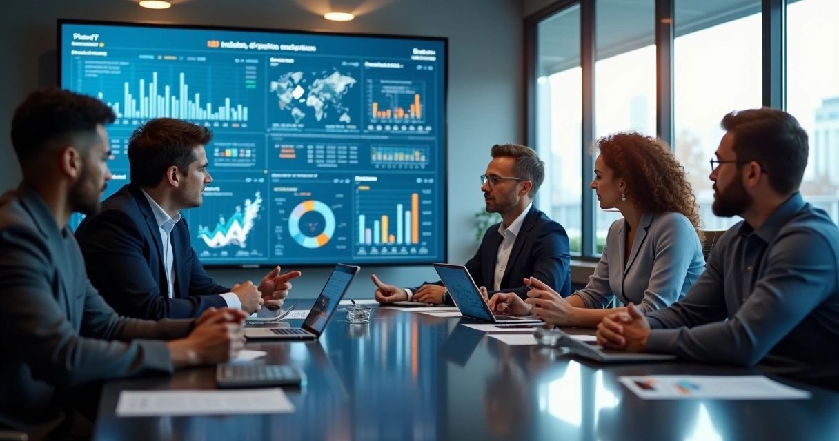 Equipe analisando dados de IA em sala de reunião 