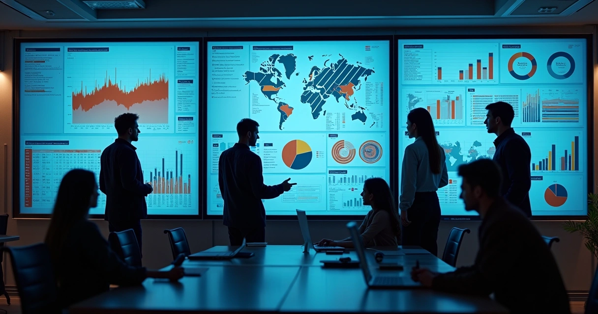 Equipe pequena empresa visualizando análise de dados em tela grande 