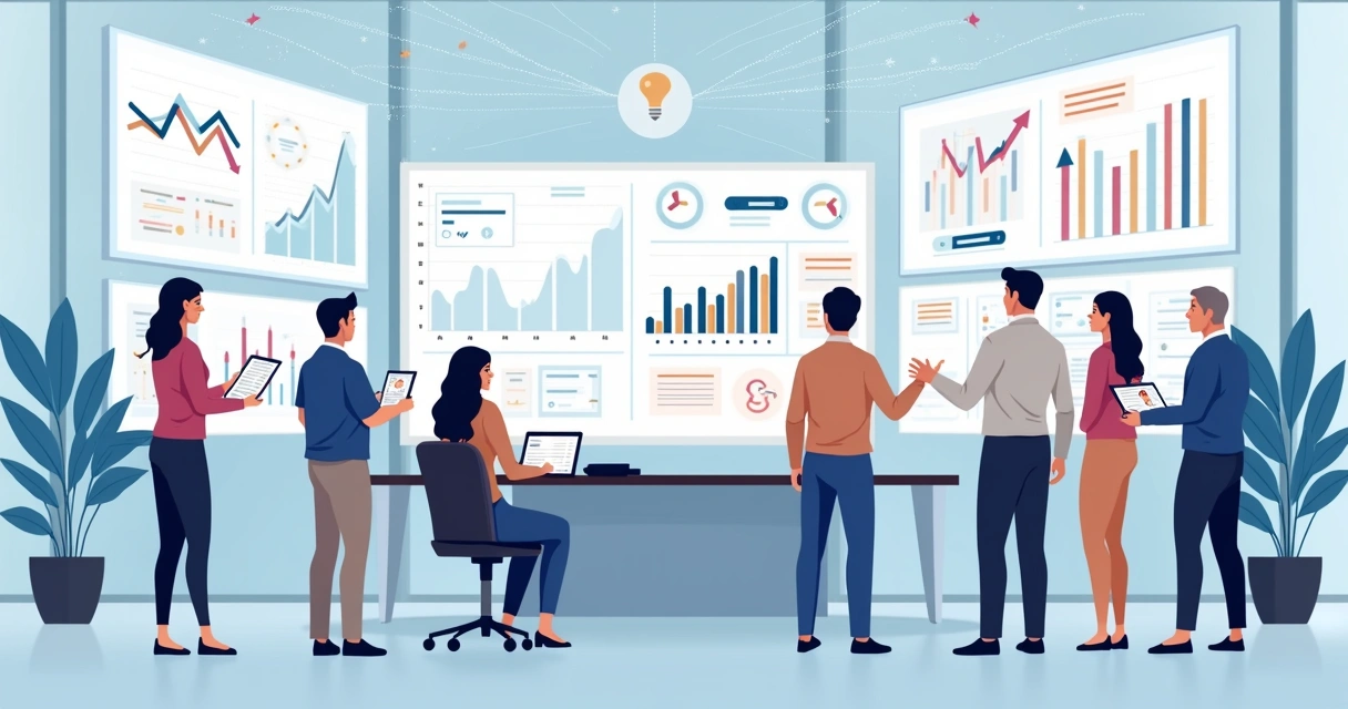 Profissionais analisando dados em telas com gráficos e IA ao fundo 