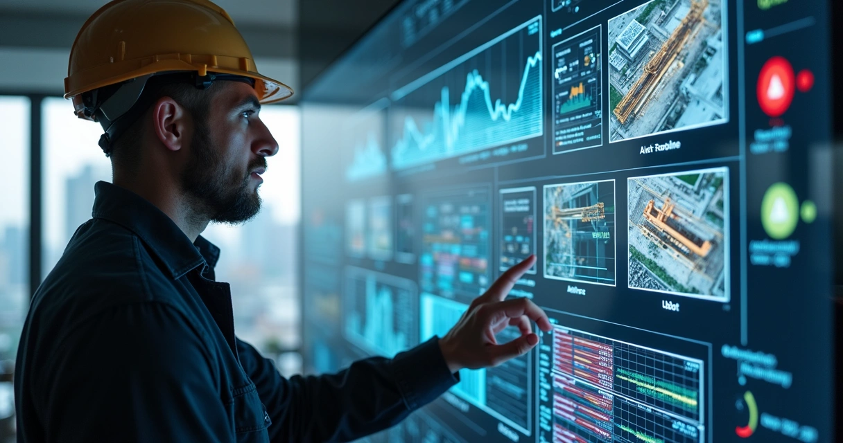 Engenheiro visualizando gráficos e vídeos de obra com IA em tela digital 