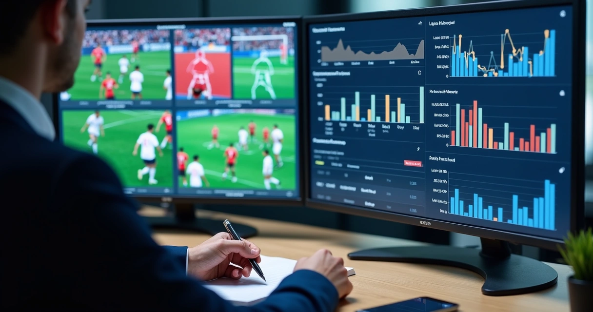 Pessoa analisando gráficos de jogos e de política em tela dividida 