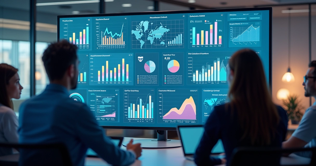 Equipe olhando para painéis de dados digitais 