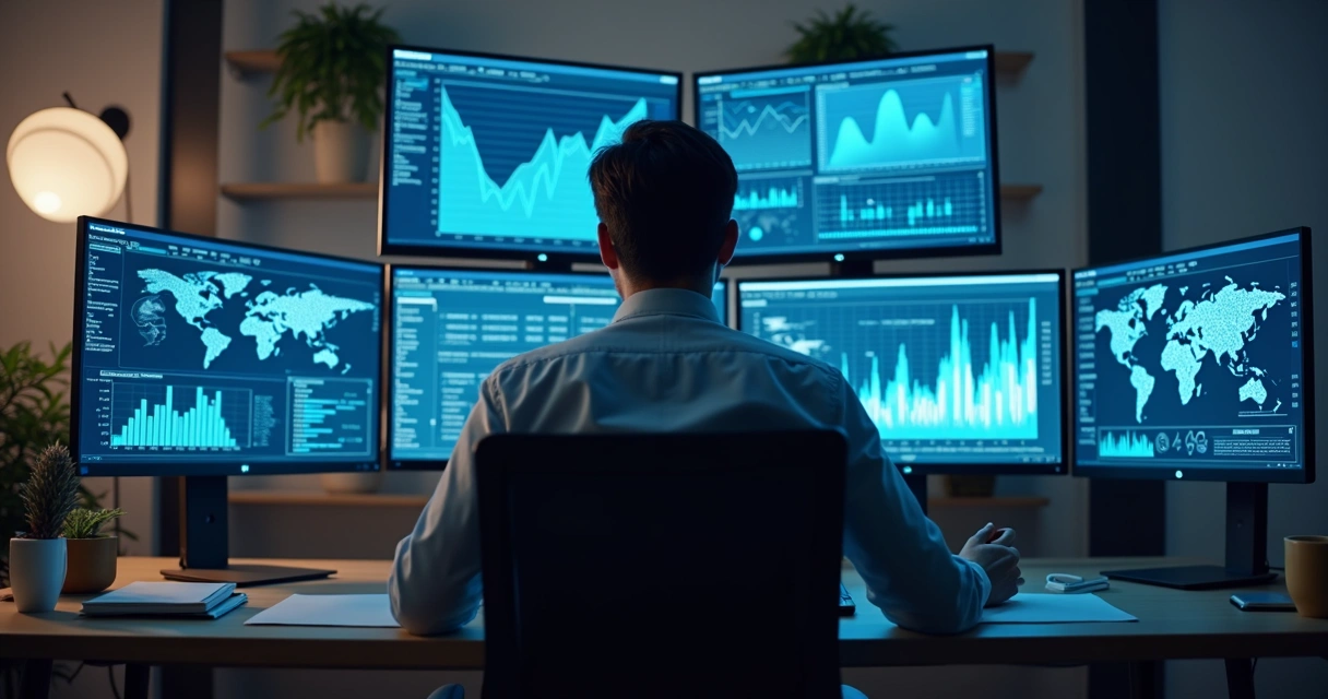 Profissional analisa gráficos e dados em múltiplas telas em ambiente corporativo 