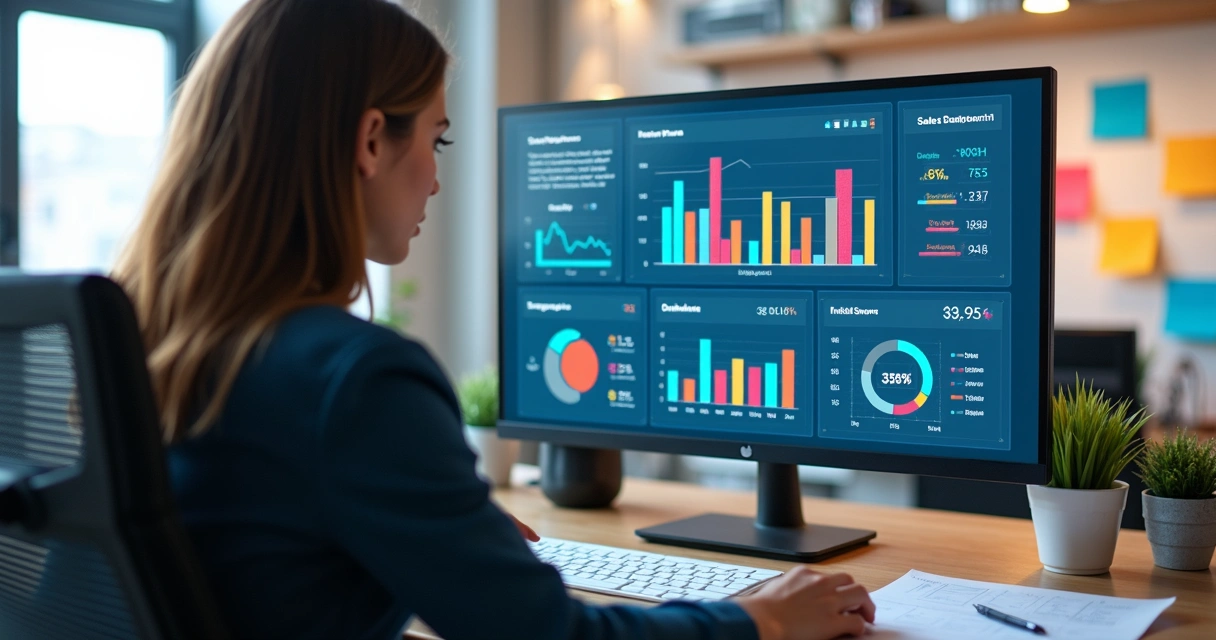 Profissional analisando painel de dados de vendas 