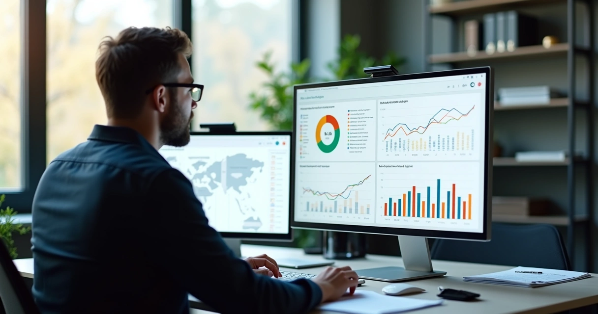 Profissional analisando dados de leads em tela de computador 