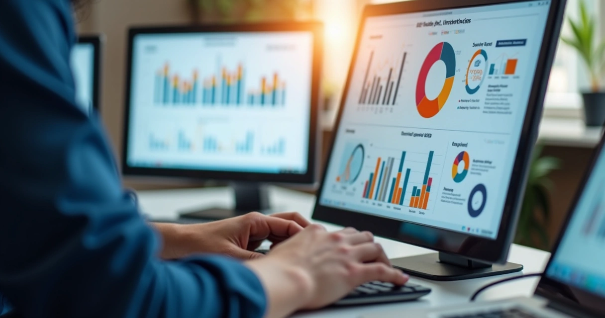 Tela de computador mostrando gráficos de vendas B2B e dados de leads.