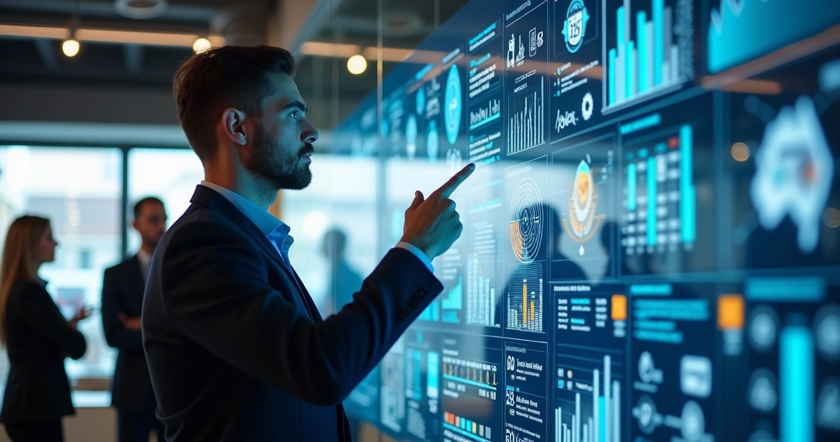 Gestor analisa painel de dados de vendas em plataforma de IA 