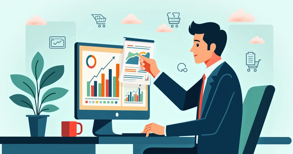 Pessoa analisando dados de vendas no computador com gráficos coloridos 