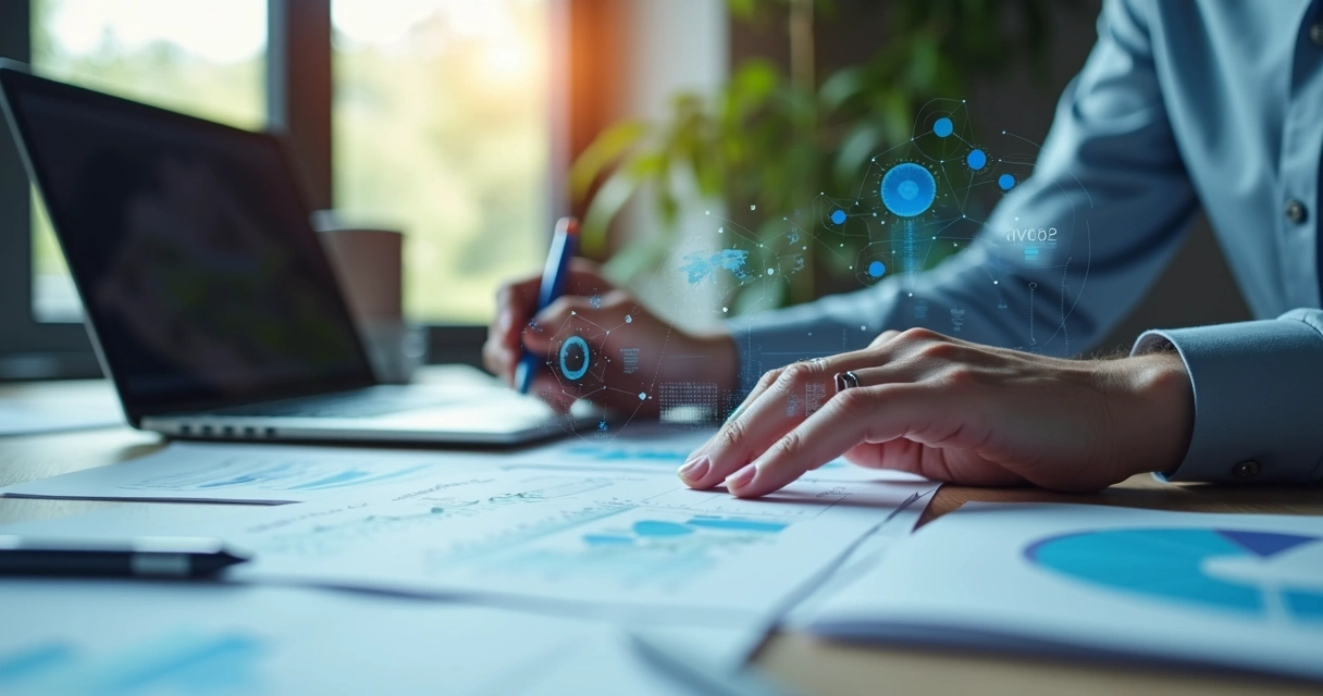 Pessoa analisando gráficos e dados em papéis, com elementos digitais de IA integrados 