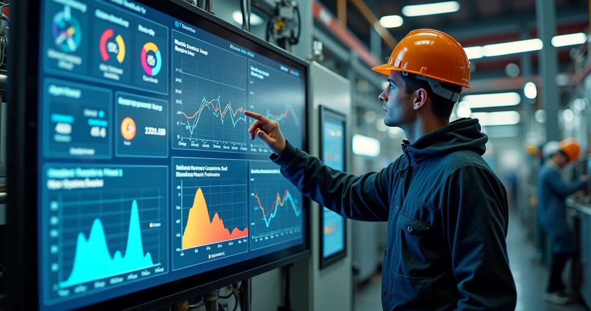Técnico industrial analisando dados de manutenção em tela digital 