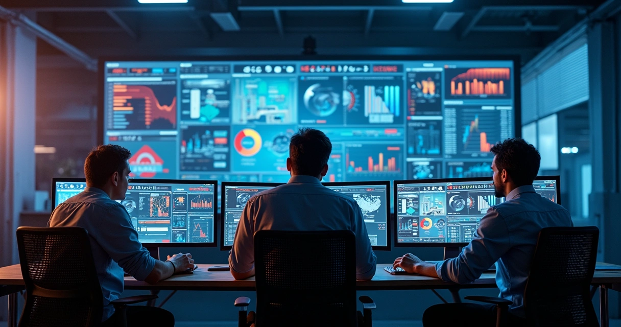 Equipe analisando gráficos de dados industriais 