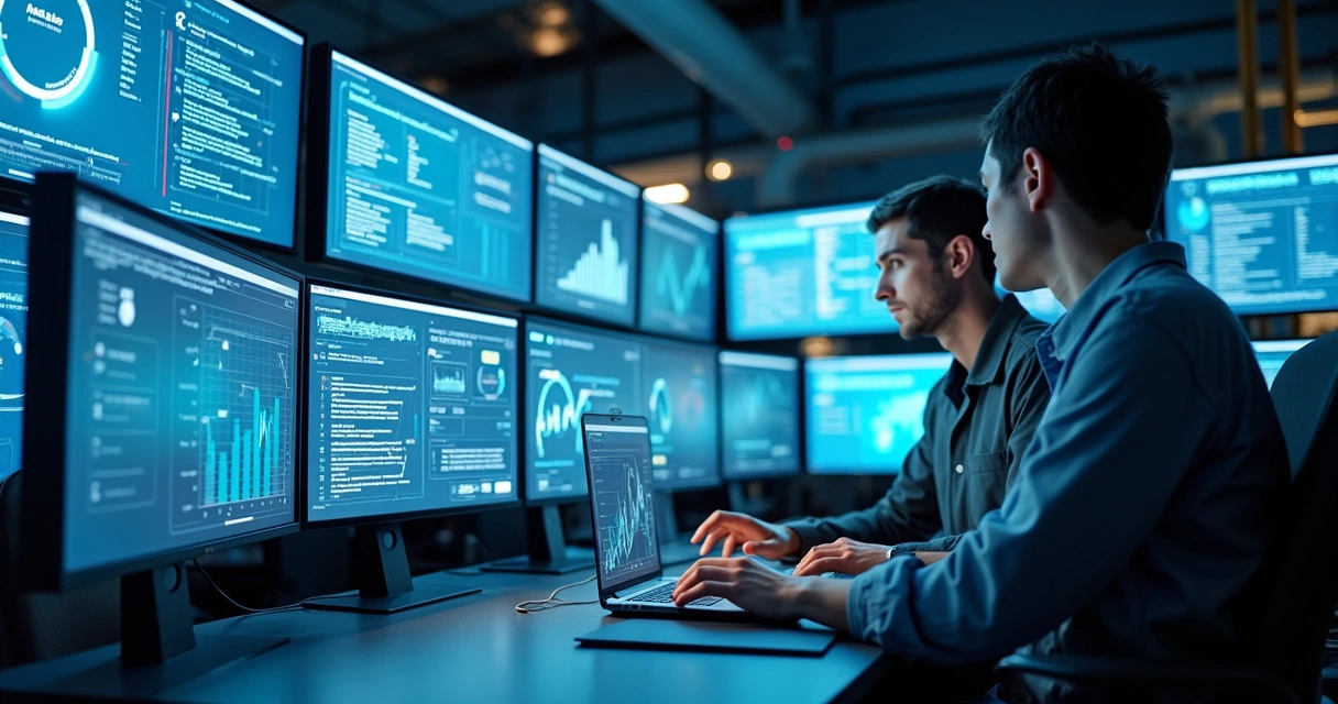 Equipe de manutenção analisando dados digitais em painel 