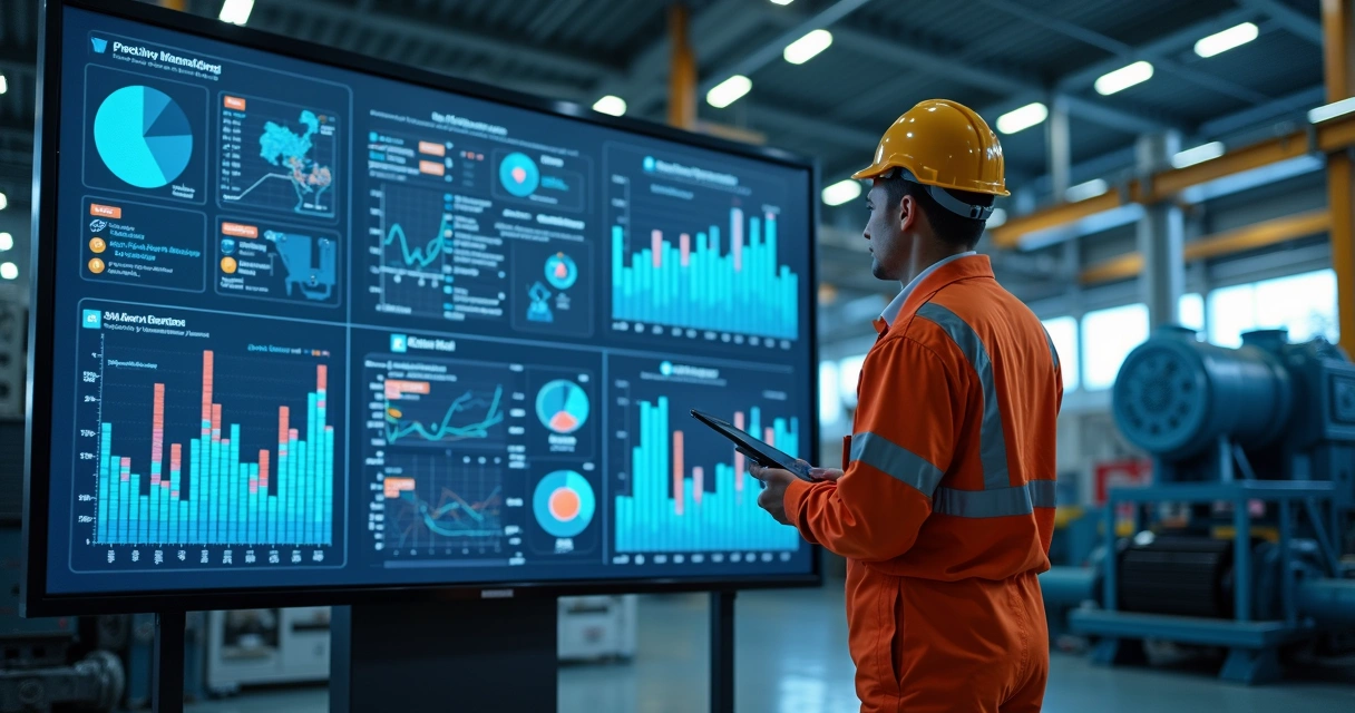 Engenheiro analisando gráfico de manutenção preditiva na tela, com equipamentos industriais ao fundo 