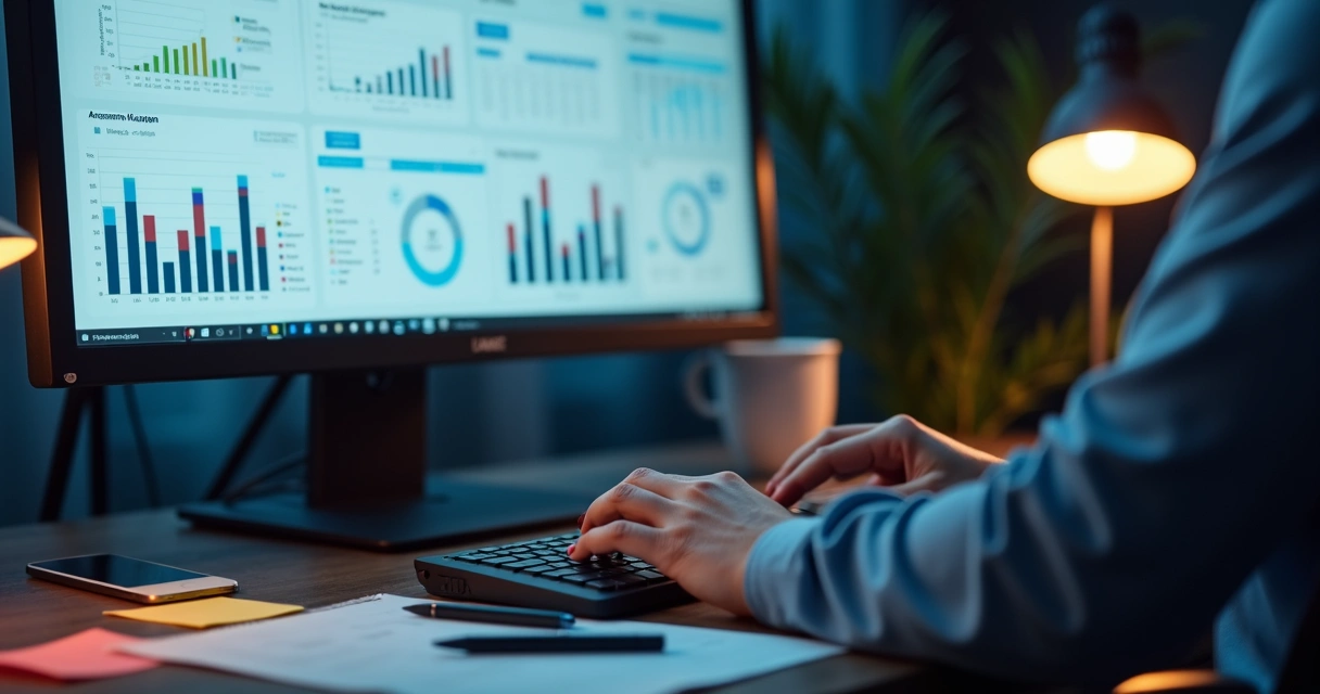 Analista observando gráficos de marketing digital na tela do computador 