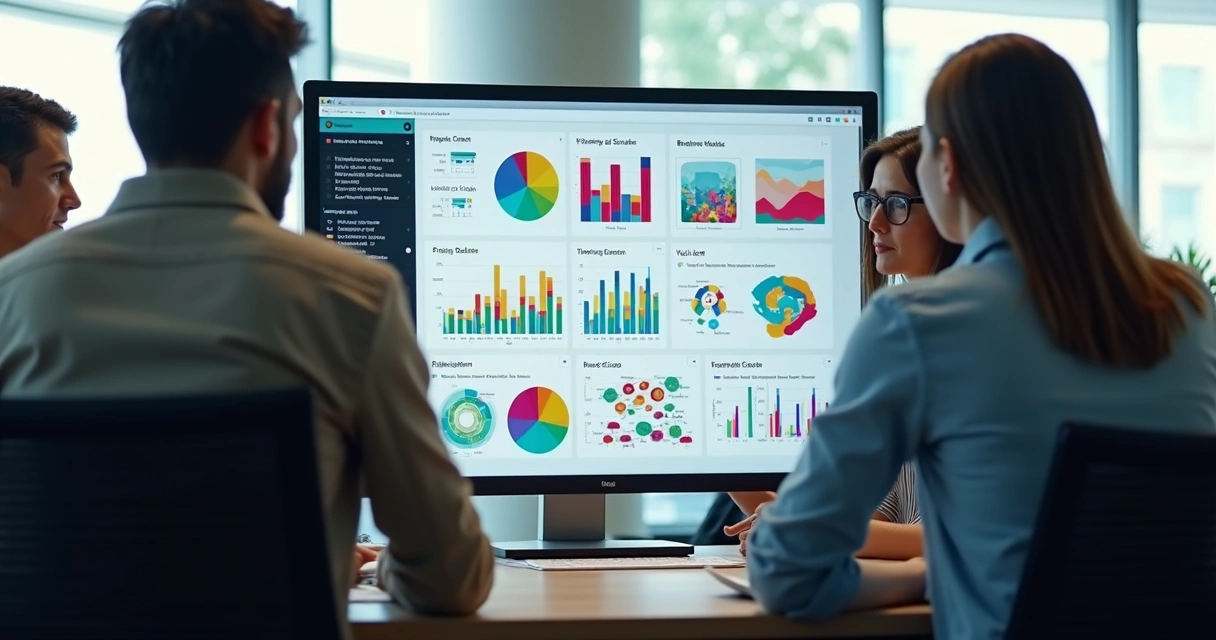 Equipe analisa gráficos de dados em monitor grande 