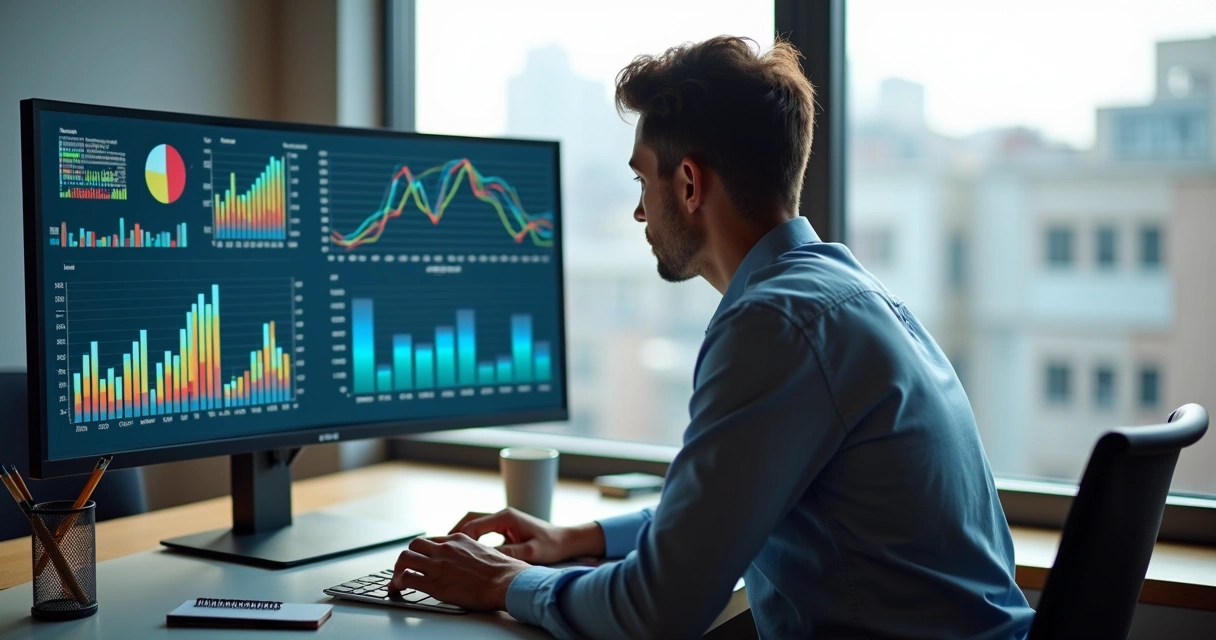 Profissional analisando gráficos de marketing digital 