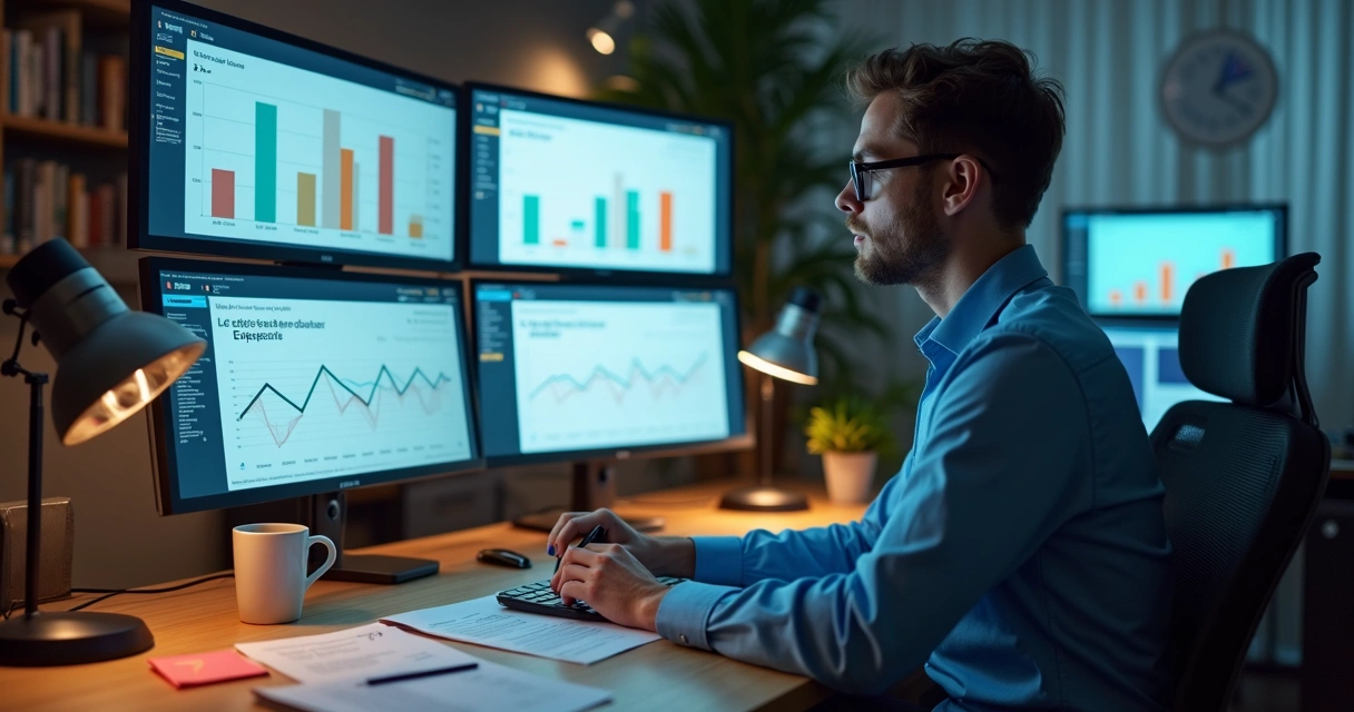 Profissional de marketing analisando dados digitais no computador