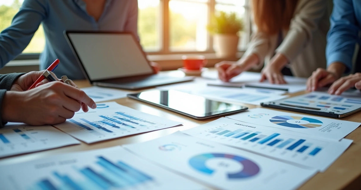 Mesa com relatórios, notebook e gráficos de métricas de marketing. 