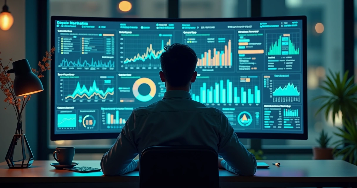 Pessoa analisando gráficos de marketing digital em tela 
