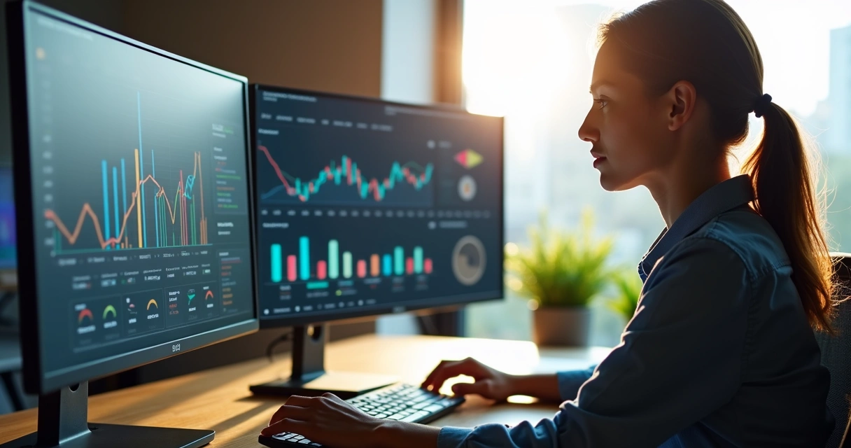 Profissional de marketing analisando gráficos de dados em tela de computador 