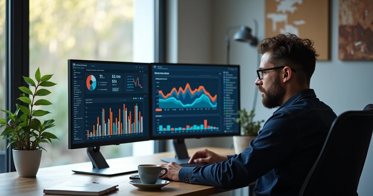 Profissional analisando dados de campanhas de marketing em duas telas