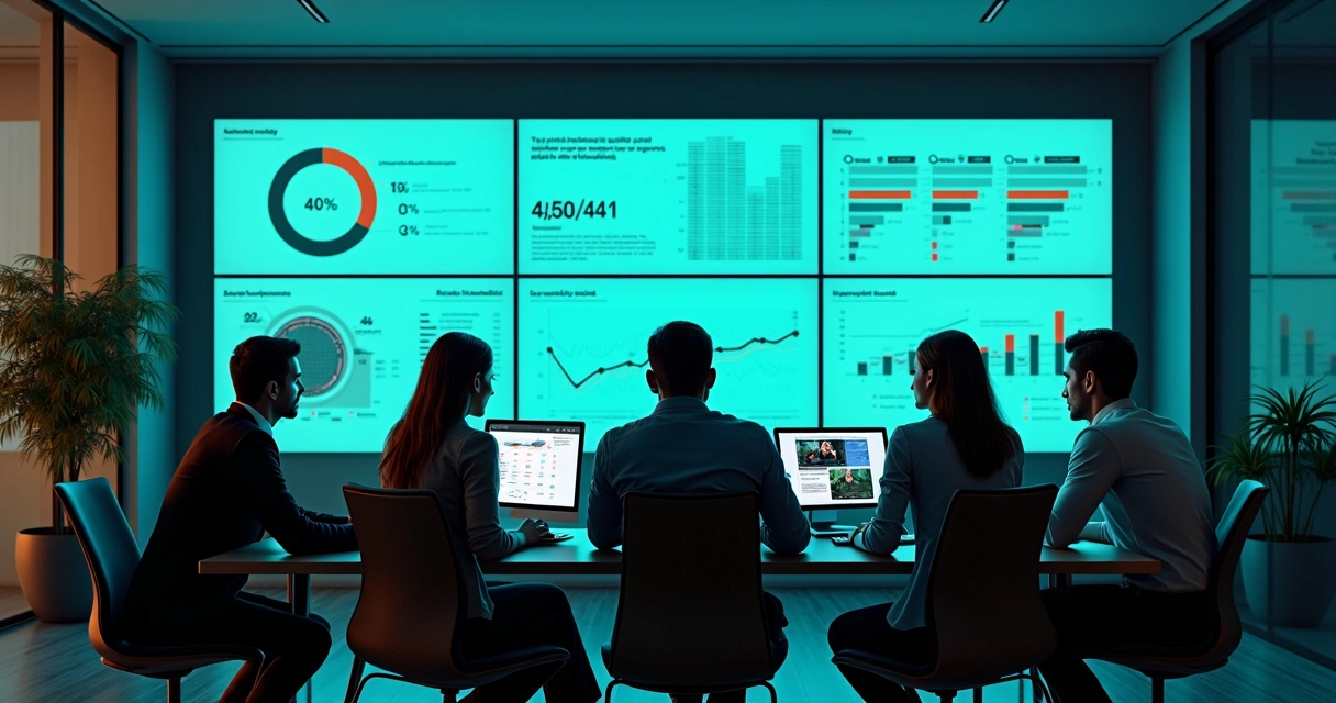 Mesa de escritório com gráficos, notebooks e dados de marketing digital 