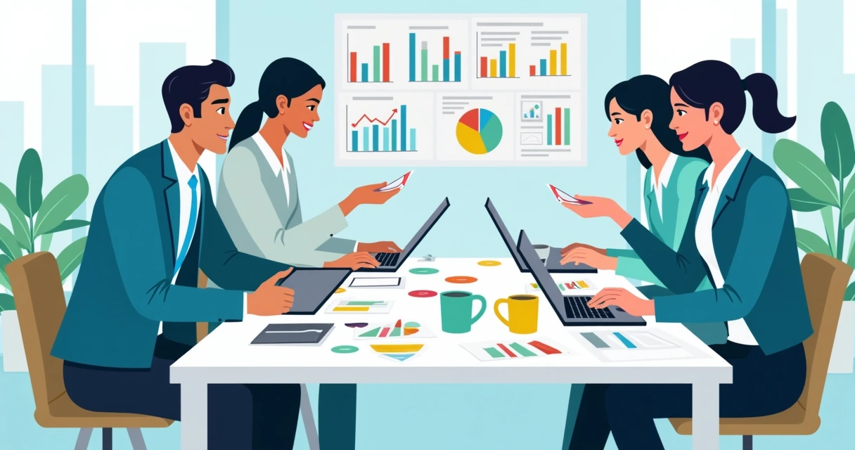 Profissionais de marketing analisando gráficos e tabelas digitais em uma mesa de trabalho