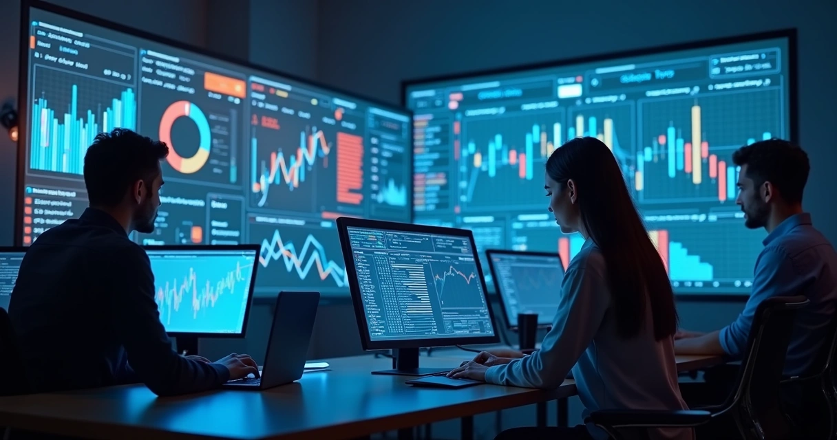 Painel digital mostra gráficos de vendas subindo e queda de estoque 