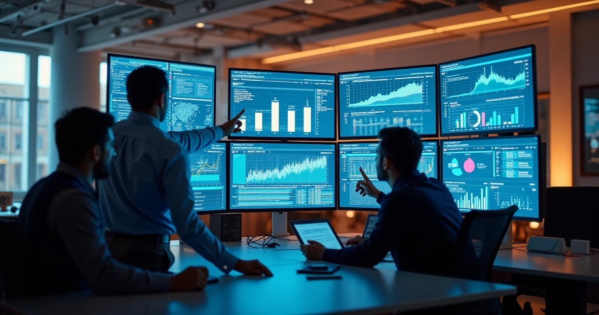 Equipe de marketing analisa dados em telas digitais 