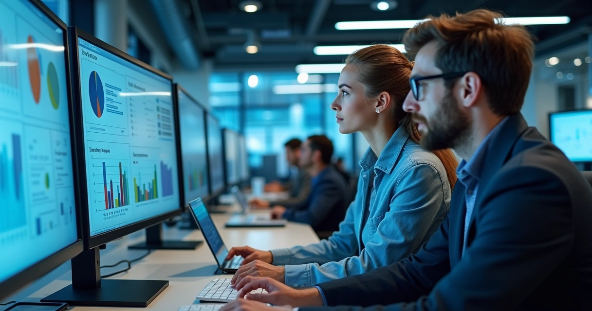 Profissionais analisando gráficos de dados em telas digitais