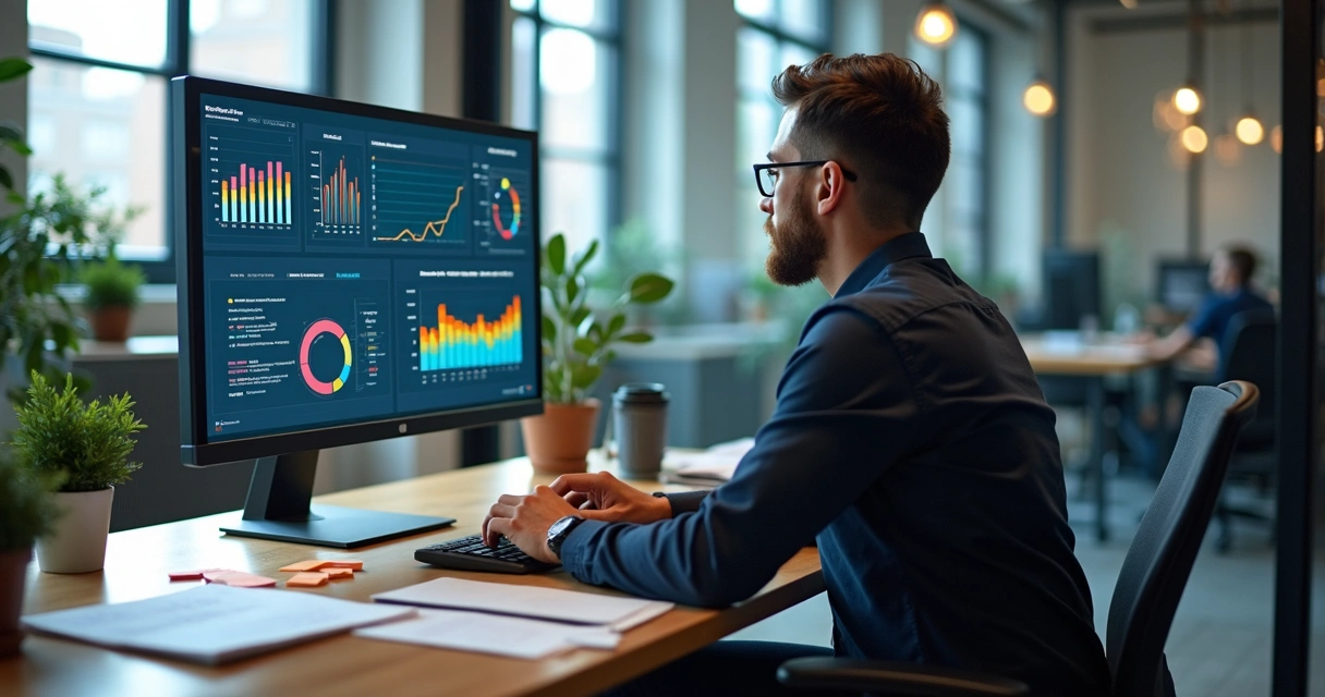 Profissional de marketing analisando gráficos em computador 