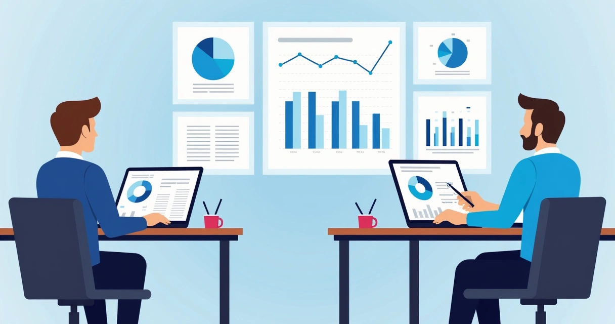 Análise de dados de marketing em notebook e painel digital