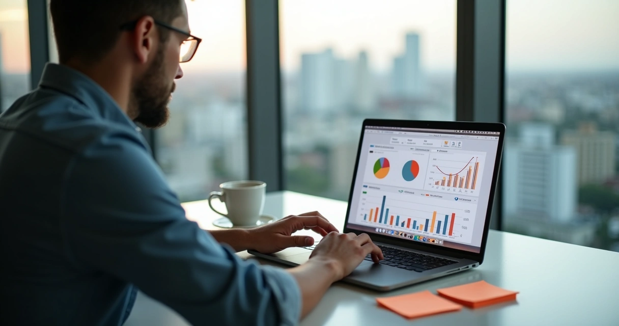 Profissional analisando dados de marketing em notebook em Curitiba
