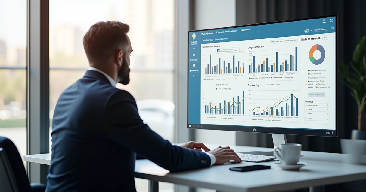 Profissional visualizando gráficos de análise de dados no computador 