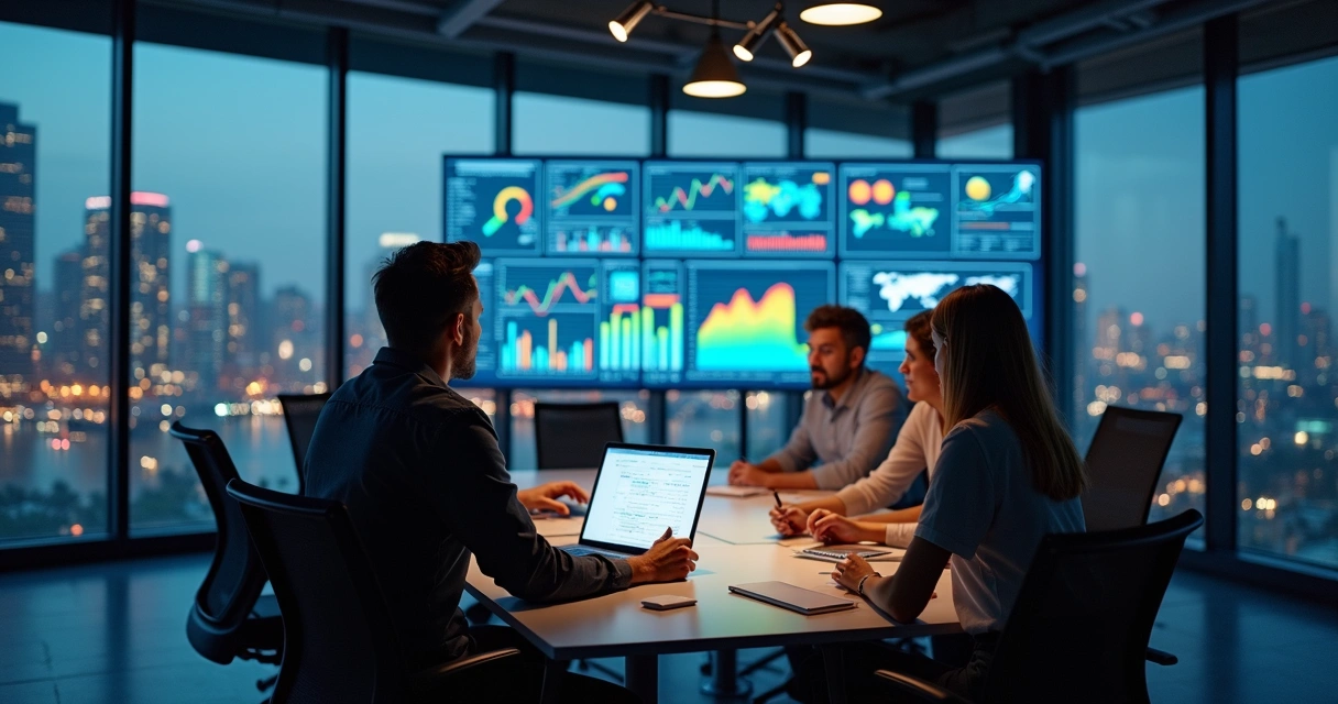 Gestor de marketing analisa gráficos digitais em tela grande de escritório 