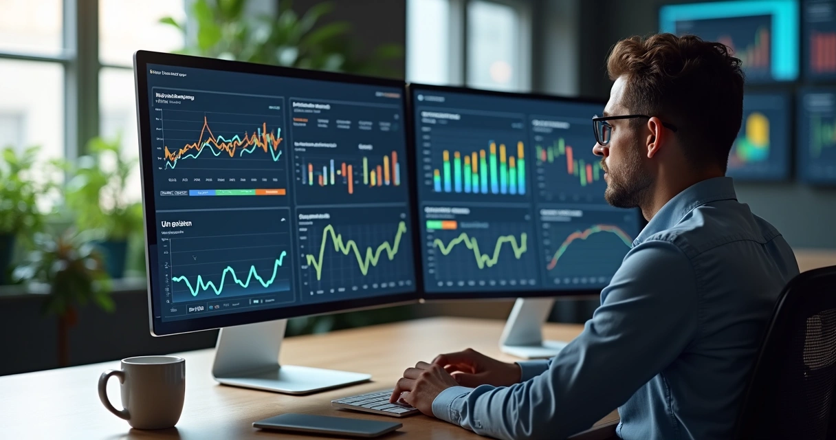 Profissional analisando dados de campanhas digitais em gráficos coloridos 