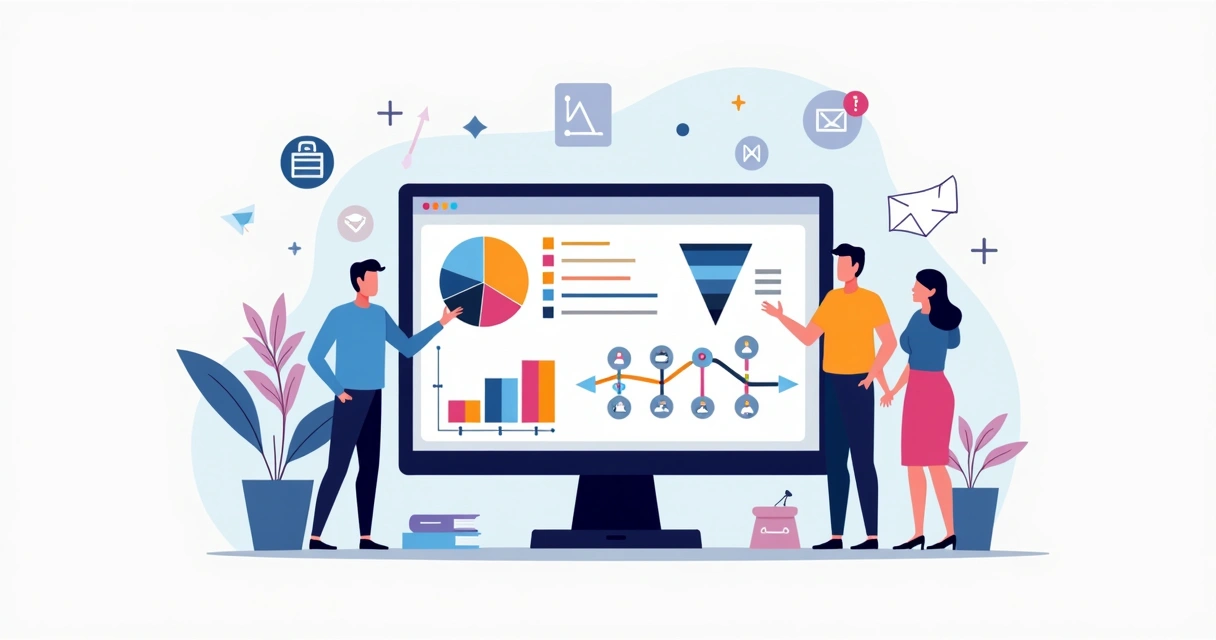 Equipe analisando gráficos de segmentação digital na tela