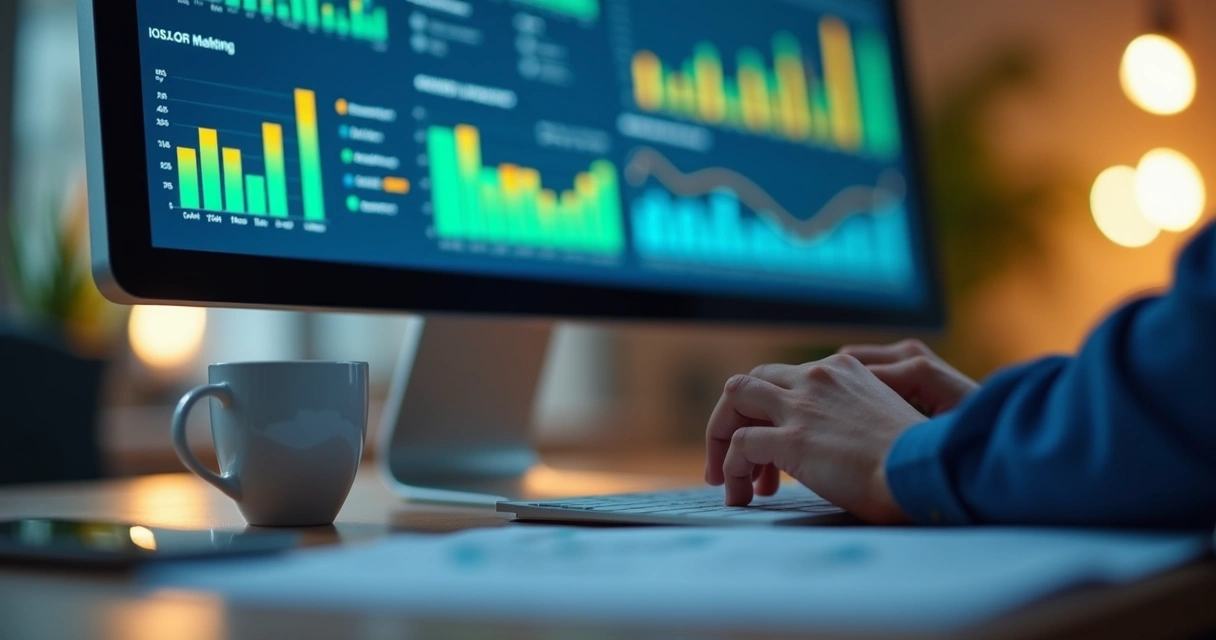 Profissional analisa gráficos em tela de computador, foco em análise de dados digitais 