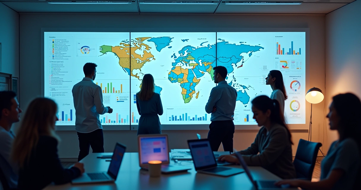 Equipe analisando gráficos digitais em tela grande 