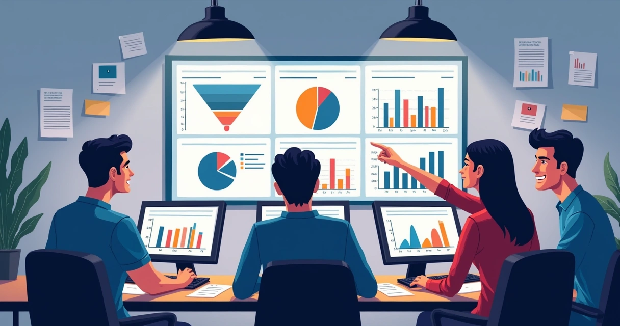 Equipe analisando dados de marketing em várias telas 