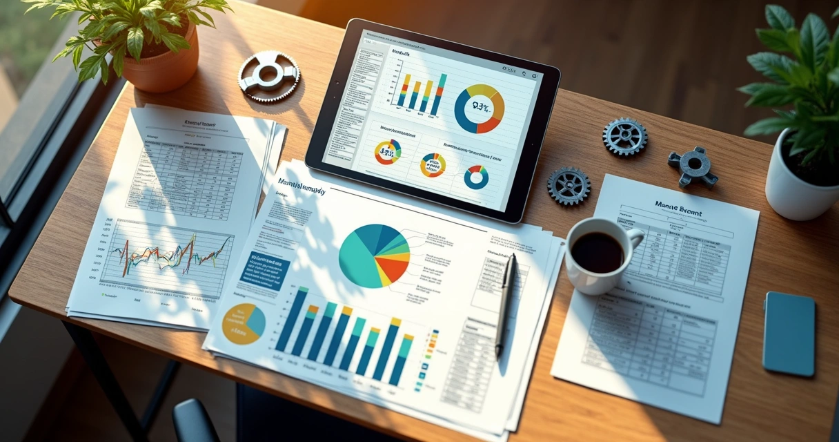 Mesa de análise de dados em indústria com gráficos e relatórios abertos 