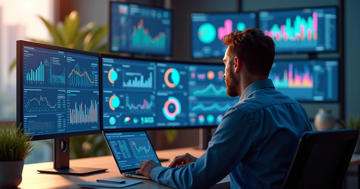 Profissional analisando gráficos de desempenho e métricas em múltiplas telas digitais 