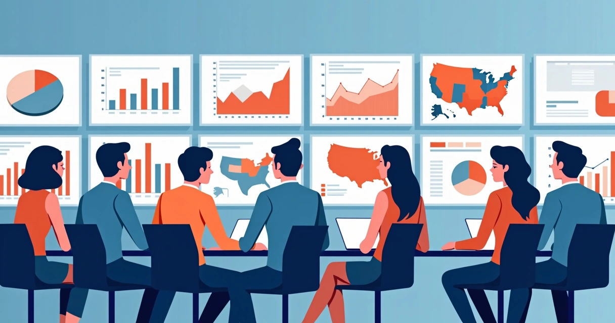 Equipe analisando dados de campanha e gráficos eleitorais em telas