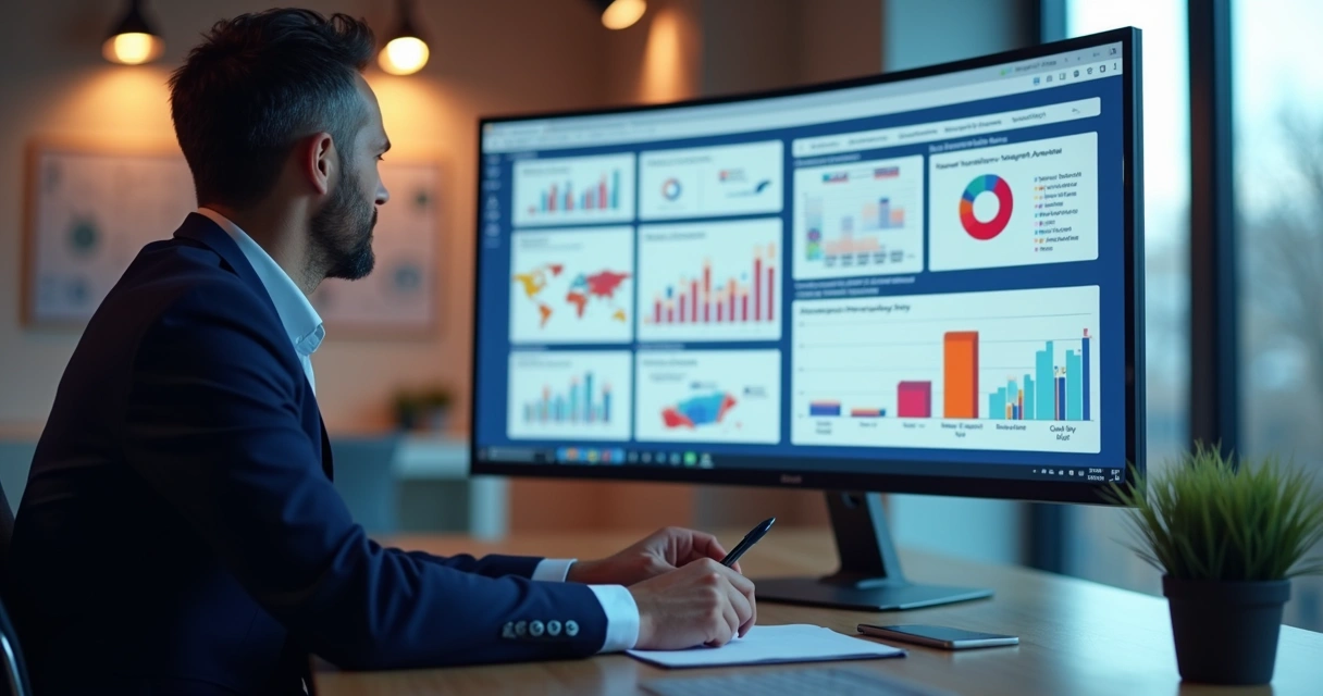Analista revisando dados de campanha política em gráficos digitais