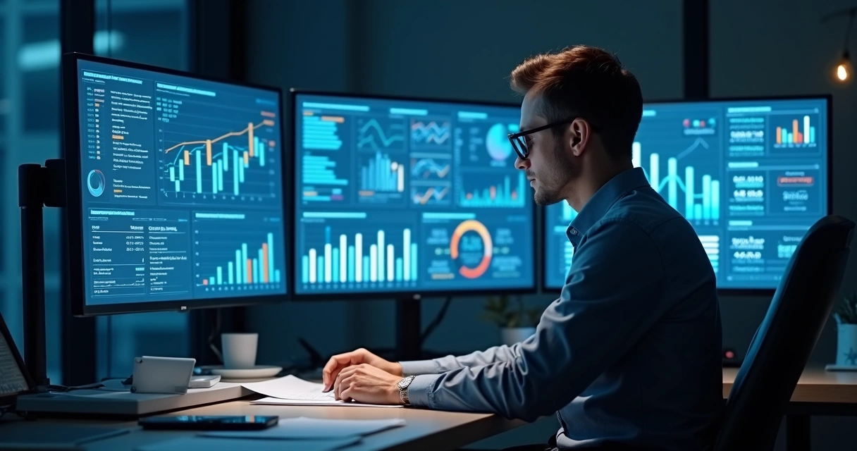 Profissional contábil analisando painel de dados digitais 