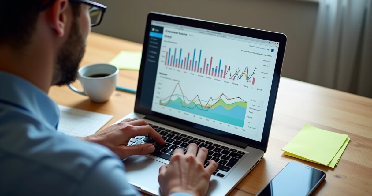 Profissional analisando gráficos de customer journey em notebook, mostrando gargalos e oportunidades 