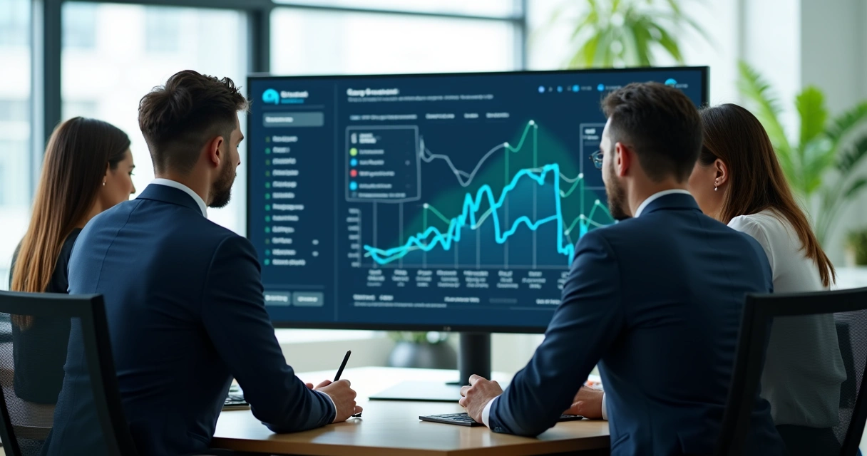 Profissionais analisando gráficos de mensagens em um painel digital 